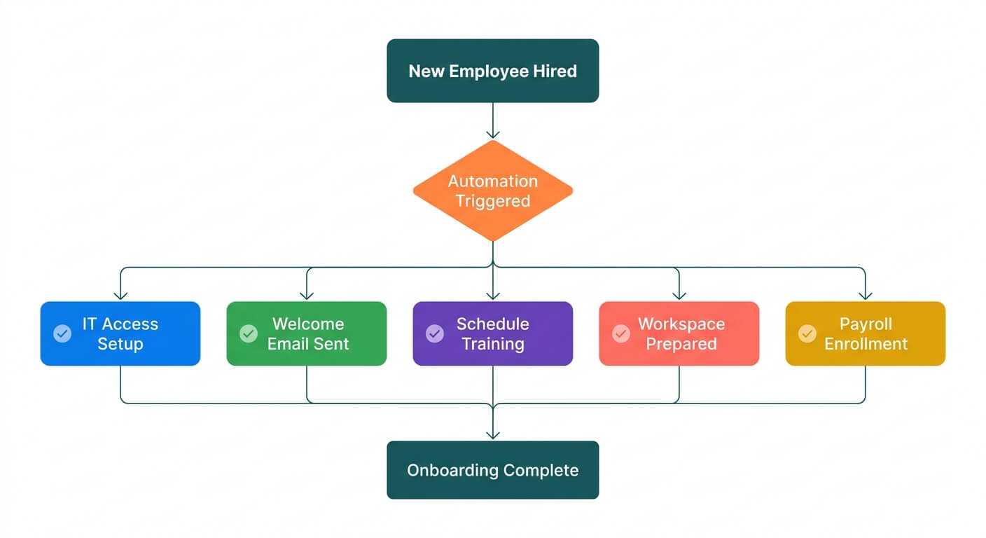 Flowchart showing a new employee hire triggering five parallel automated onboarding tasks: IT access setup, welcome email, training scheduling, workspace preparation and payroll enrolment, converging on onboarding complete