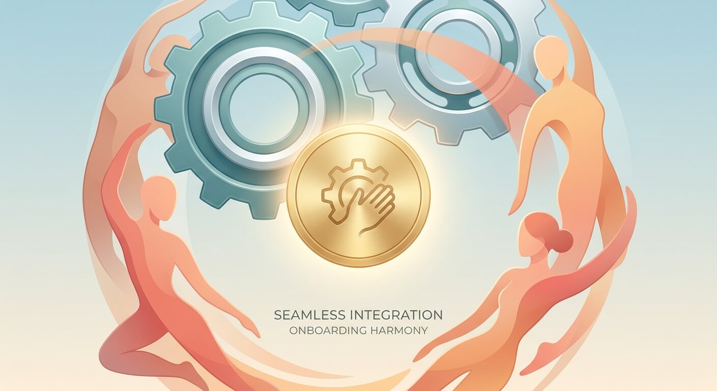 Abstract illustration of two figures either side of interlocking gears, captioned Seamless Integration, Onboarding Harmony