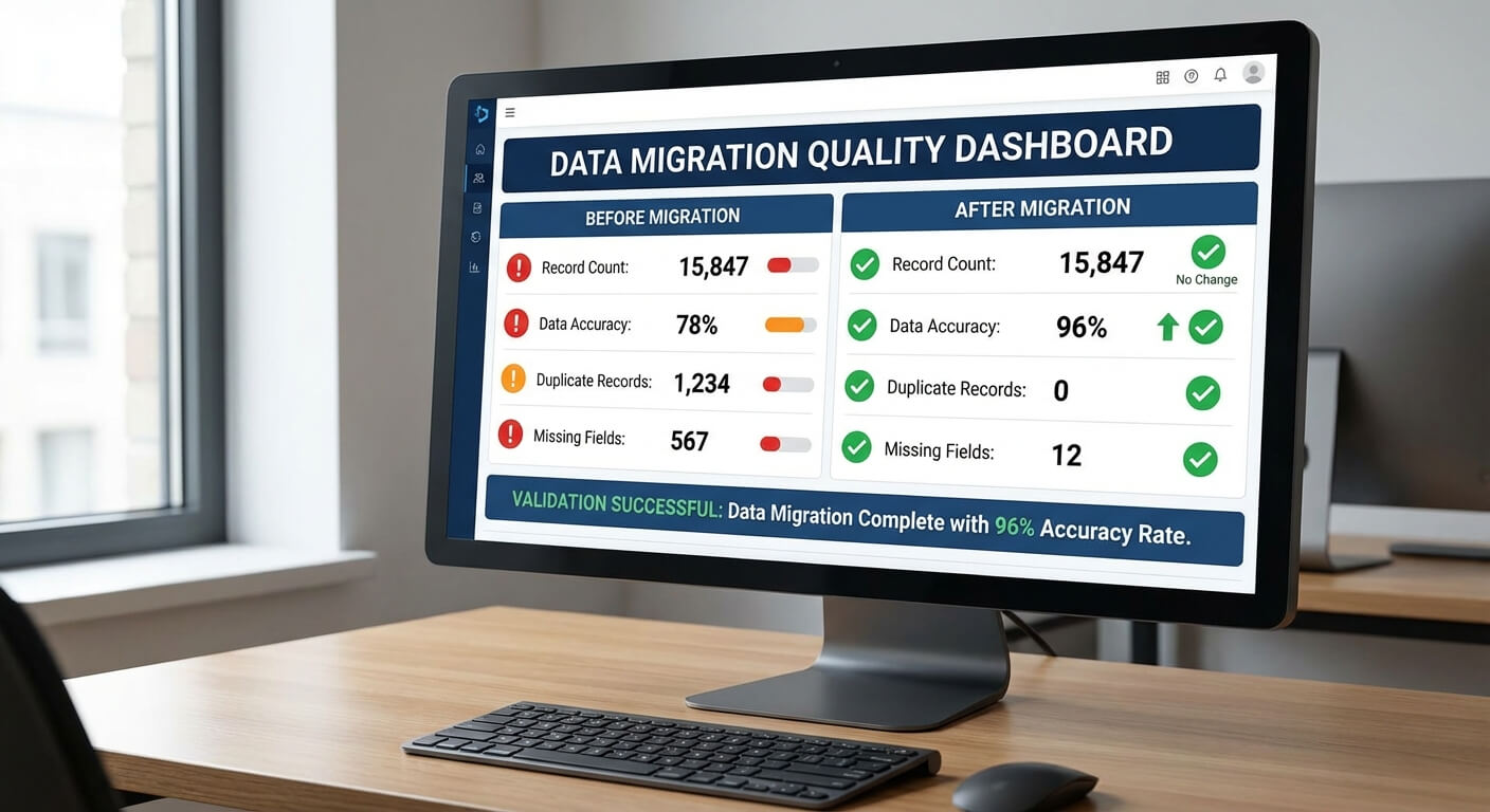 Data migration quality dashboard comparing record count, data accuracy, duplicate records and missing fields before and after migration