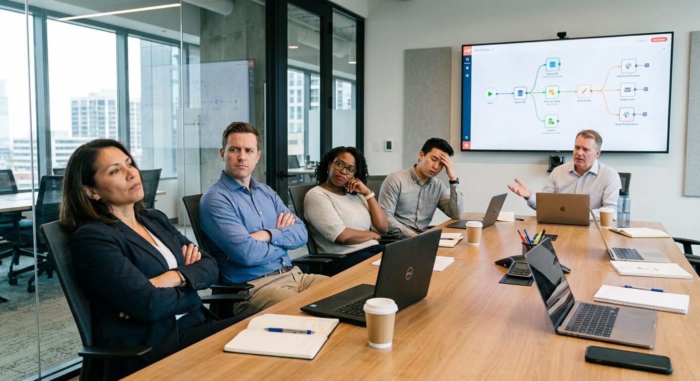 Business team members with crossed arms looking frustrated at automation workflow presentation
