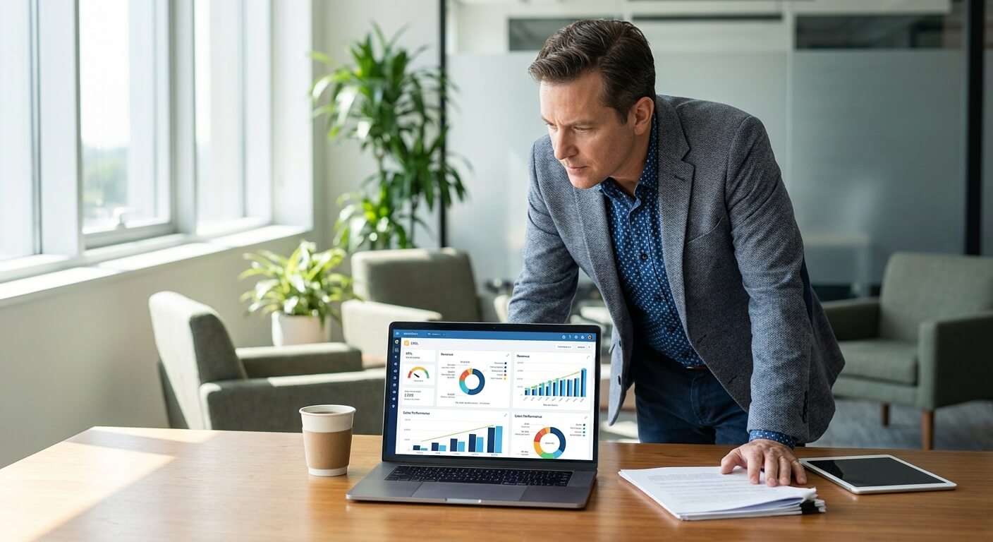 Business owner reviewing Salesforce analytics dashboard on laptop in modern office