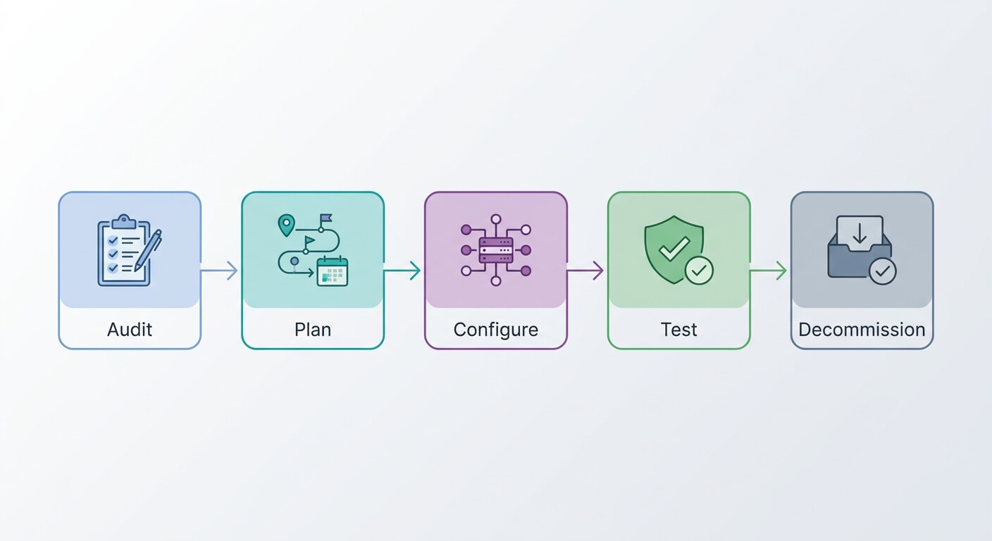 Process diagram illustrating five-stage automation migration workflow from audit to decommission