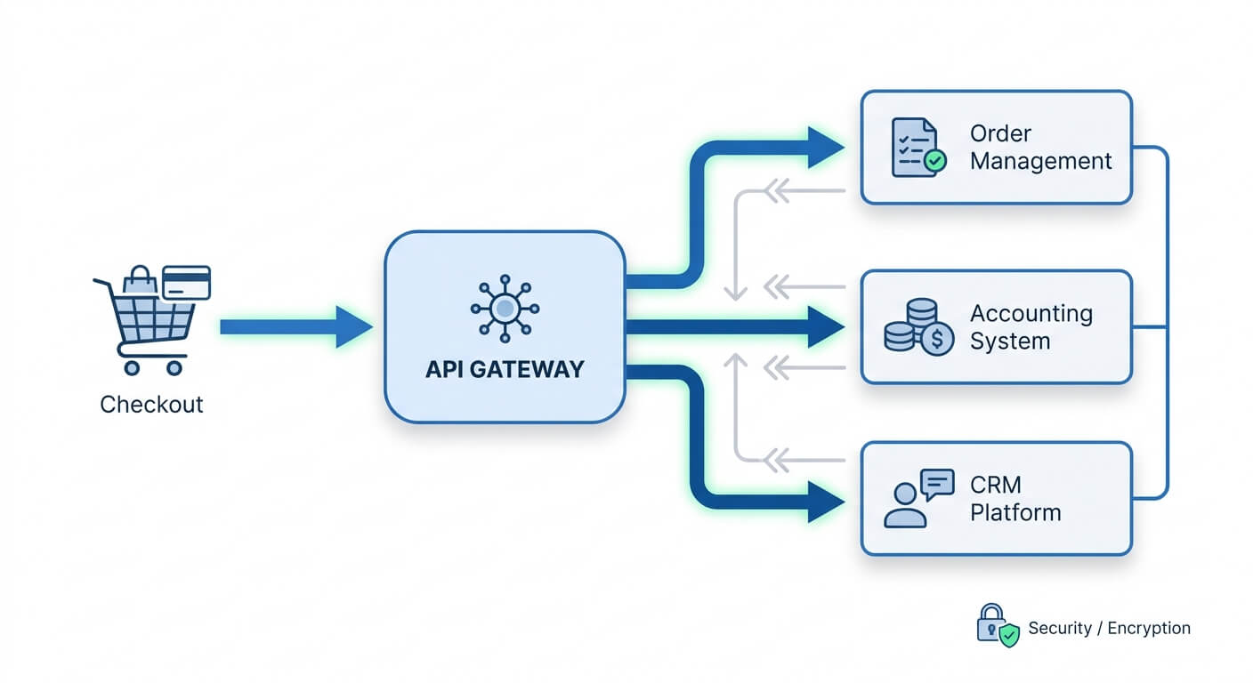 Payment data flow diagram showing checkout to API integration across business systems