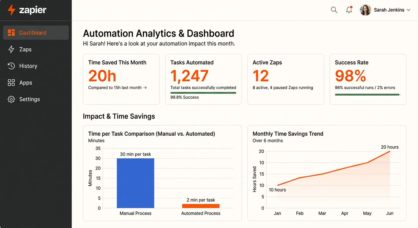 Zapier dashboard interface showing workflow automation statistics and time savings metrics