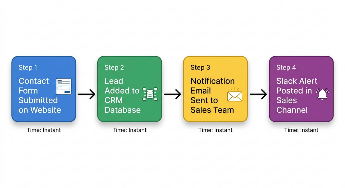 Flowchart showing four instant automation steps: contact form submitted, lead added to CRM database, notification email sent to sales team, and Slack alert posted in the sales channel
