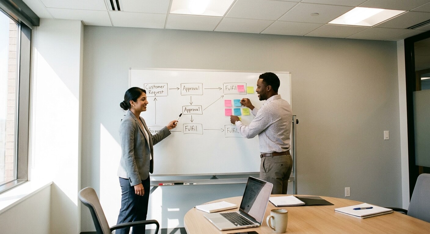 Two business professionals collaborating on process mapping with sticky notes and whiteboard